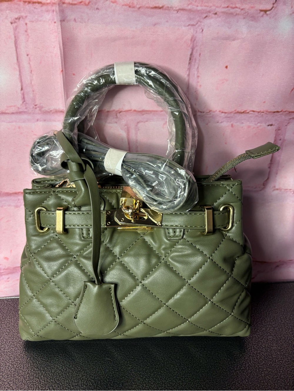 Badgley Mischka Quilted Olive Satchel with Gold-Tone Hardware